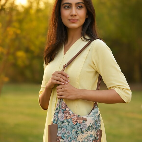 Botanical Pattern Tapestry Fabric Hobo Crossbody Bag for Women, Sling Bag - Picture 2 of 8